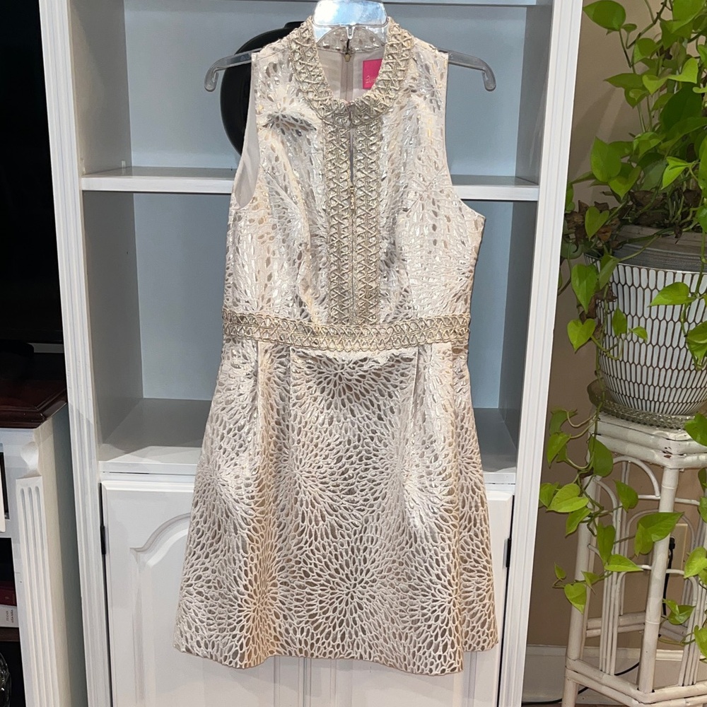 Lilly Pulitzer Cream Metallic Fit-and-Flare Dress NWT size 10 large Easter